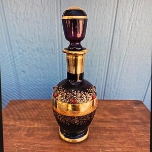 VINTAGE BOHEMIAN COBALT BLUE GLASS DECANTER WITH GOLD LEAF ITALY